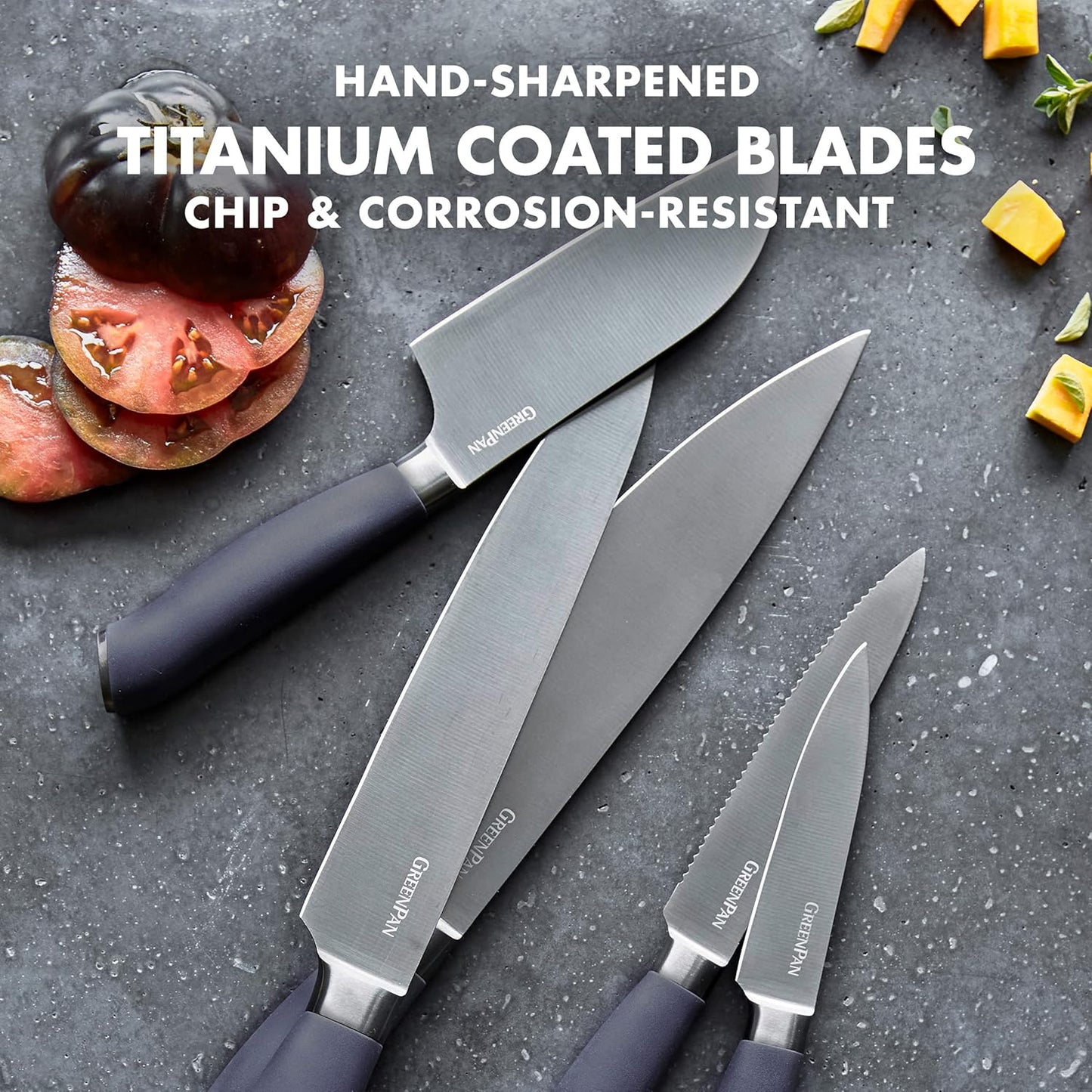 GreenPan Elite 8 Piece Steak Knife Set, Professional Stainless Steel Blades with Titanium Coating, Ultra-Sharp Dining Knives, Kitchen Cutlery, Ergonomic Wood Handles, Wooden Storage Box