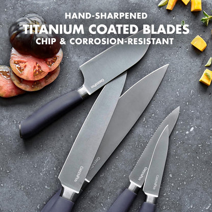 GreenPan Elite 8 Piece Steak Knife Set, Professional Stainless Steel Blades with Titanium Coating, Ultra-Sharp Dining Knives, Kitchen Cutlery, Ergonomic Wood Handles, Wooden Storage Box