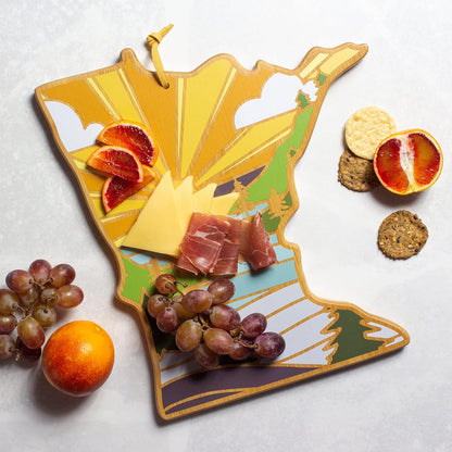Totally Bamboo North Carolina State Shaped Cutting Board and Charcuterie Serving Platter with Artwork by Summer Stokes, Includes Hang Tie for Wall Display 18" x 8" x 5/8" - Colors B