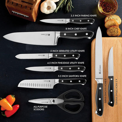 Sabatier 15-Piece Forged Triple Rivet Knife Block Set, High-Carbon Stainless Steel Kitchen Knives, Razor-Sharp Knife set with Acacia Wood Block, White Handles