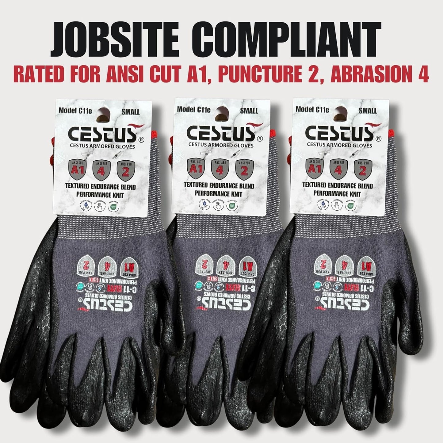 Cestus C11e, Nitrile Coated Work Gloves with Grip, Touchscreen, Reinforced Double Knit (3,12,120 Pairs)