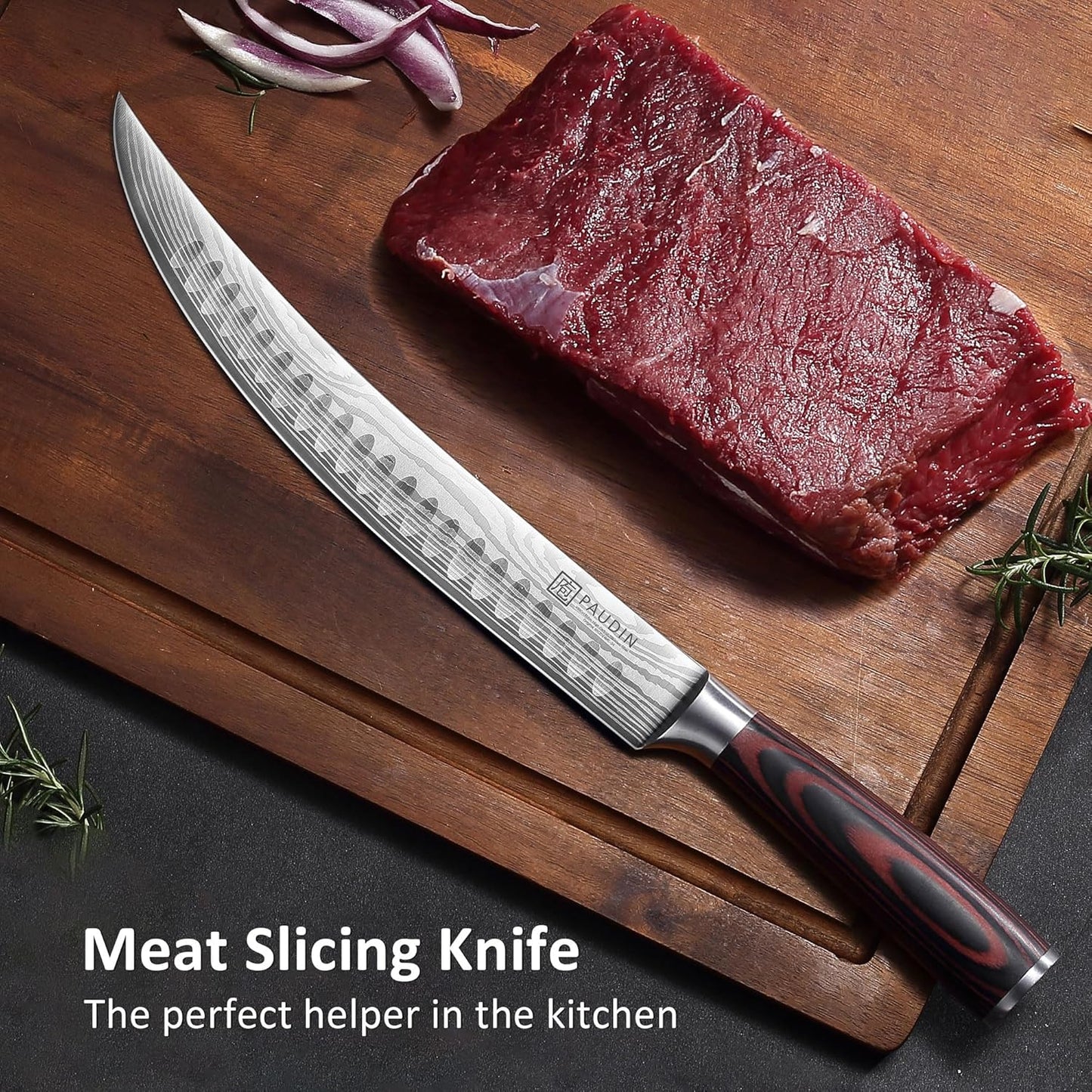 PAUDIN Carving Knife, 10 Inch Butcher Knife, Forged High Carbon German Stainless Steel, Razor Sharp Curved Brisket Slicing Kinfe for Poultry Beef Pork Meat Cutting, Ergonomic wood Handle Design