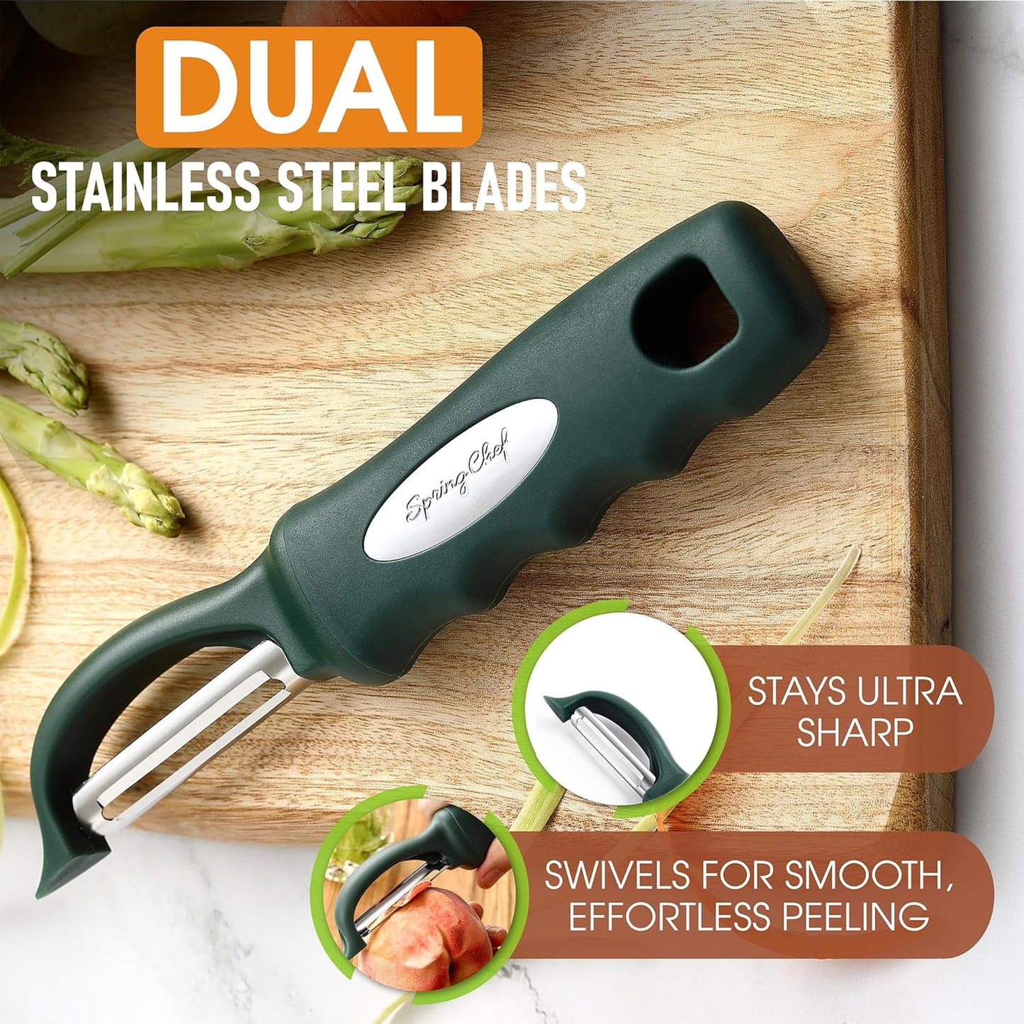 Spring Chef Premium Swivel Vegetable Peeler, Soft Grip Handle and Ultra Sharp Stainless Steel Blades - Perfect Kitchen Peeler For Veggie, Fruit, Potato, Carrot, Apple - Black