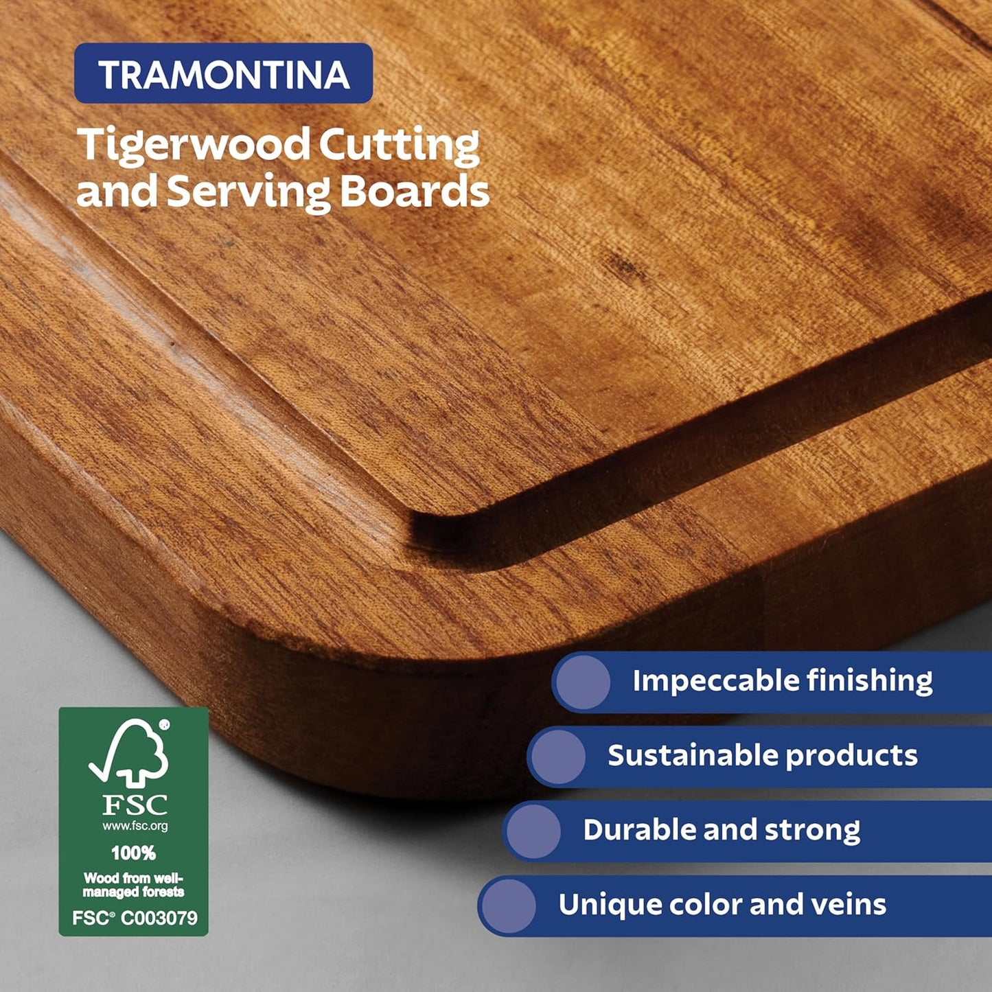 Tramontina FSC Certified Brazilian Tigerwood Cutting and Serving Board Set - 3 Pack (15 x 11-in, 12 x 8-in, 9 x 6-in), 81000/050DS