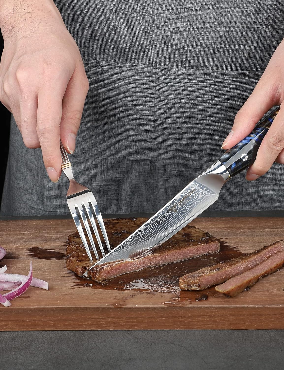 Steak Knives Set of 4, Ultra Sharp Non Serrated Kitchen Steak Knife 5 Inch - Damascus Steel & Resin Handle - Xuan Series (Sapphire Blue)