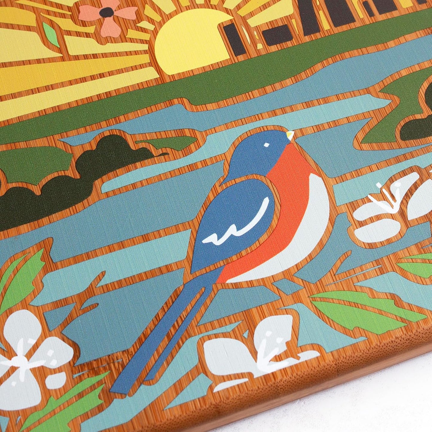 Totally Bamboo North Carolina State Shaped Cutting Board and Charcuterie Serving Platter with Artwork by Summer Stokes, Includes Hang Tie for Wall Display 18" x 8" x 5/8" - Colors B