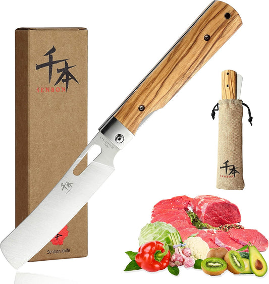 SENBON 440A stainless steel pocket folding Japanese Bread knife Natural Olive Handle Camping trip Outdoor Portable Serrated knife