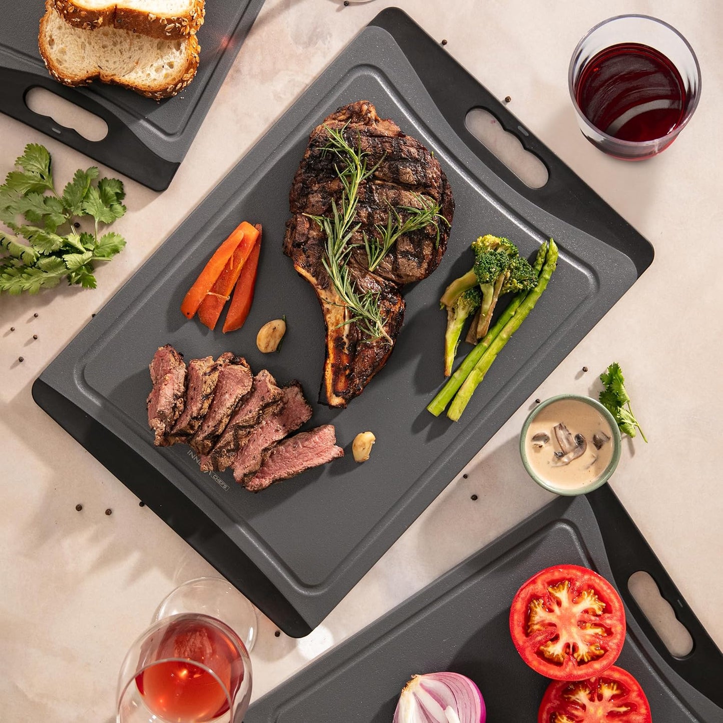 Plastic Cutting Boards for Kitchen (Gray/Black) - 3-Pack of Non-Slip and Reversible Plastic Cutting Board Set for Easy Slicing - Knife-Friendly Chopping Board Set with Juice Grooves