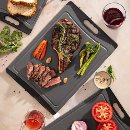 Plastic Cutting Boards for Kitchen (Gray/Black) - 3-Pack of Non-Slip and Reversible Plastic Cutting Board Set for Easy Slicing - Knife-Friendly Chopping Board Set with Juice Grooves
