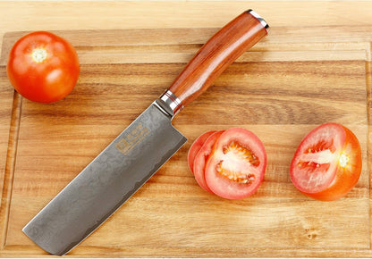 SUNLONG Nakiri Knife Usuba Knife 6.5 Inch Japanese Hammered Damascus Steel 67 Layer Bloodwood Handle