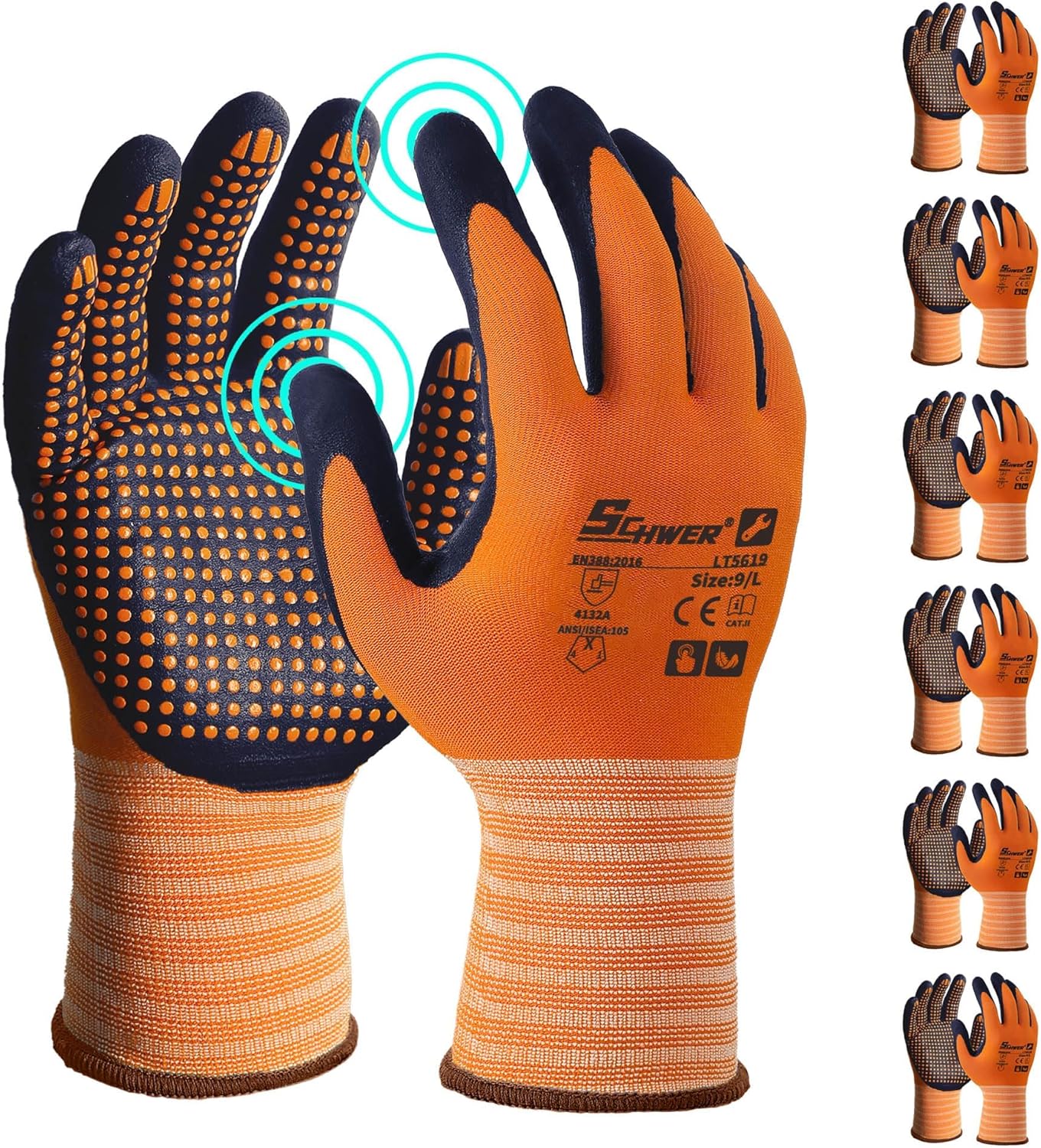 Schwer 3/6/12 Pairs Safety Work Gloves MicroFoam Nitrile Coated, Certified Level 6 Abrasion Resistant Gardening Gloves with MicroDot Grip, Touchscreen, General A1 Cut Resistant Glove, LT5619, S