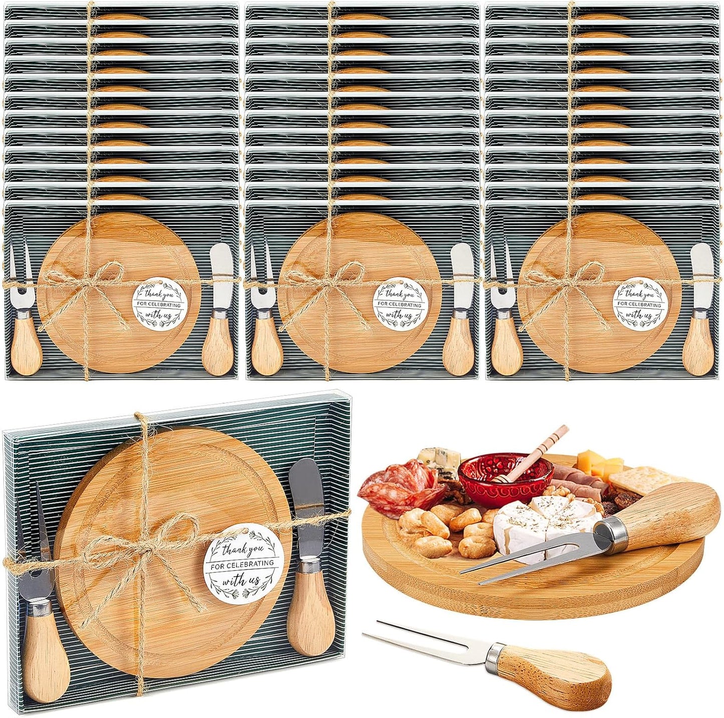 Maxcheck 18 Sets Baby Shower Bridal Game Prizes for Winners Round Cheese Board Set Wood Mini Charcuterie Board with Knives and Forks Thank You Card with Gift Box for Guests Wedding (Bamboo)