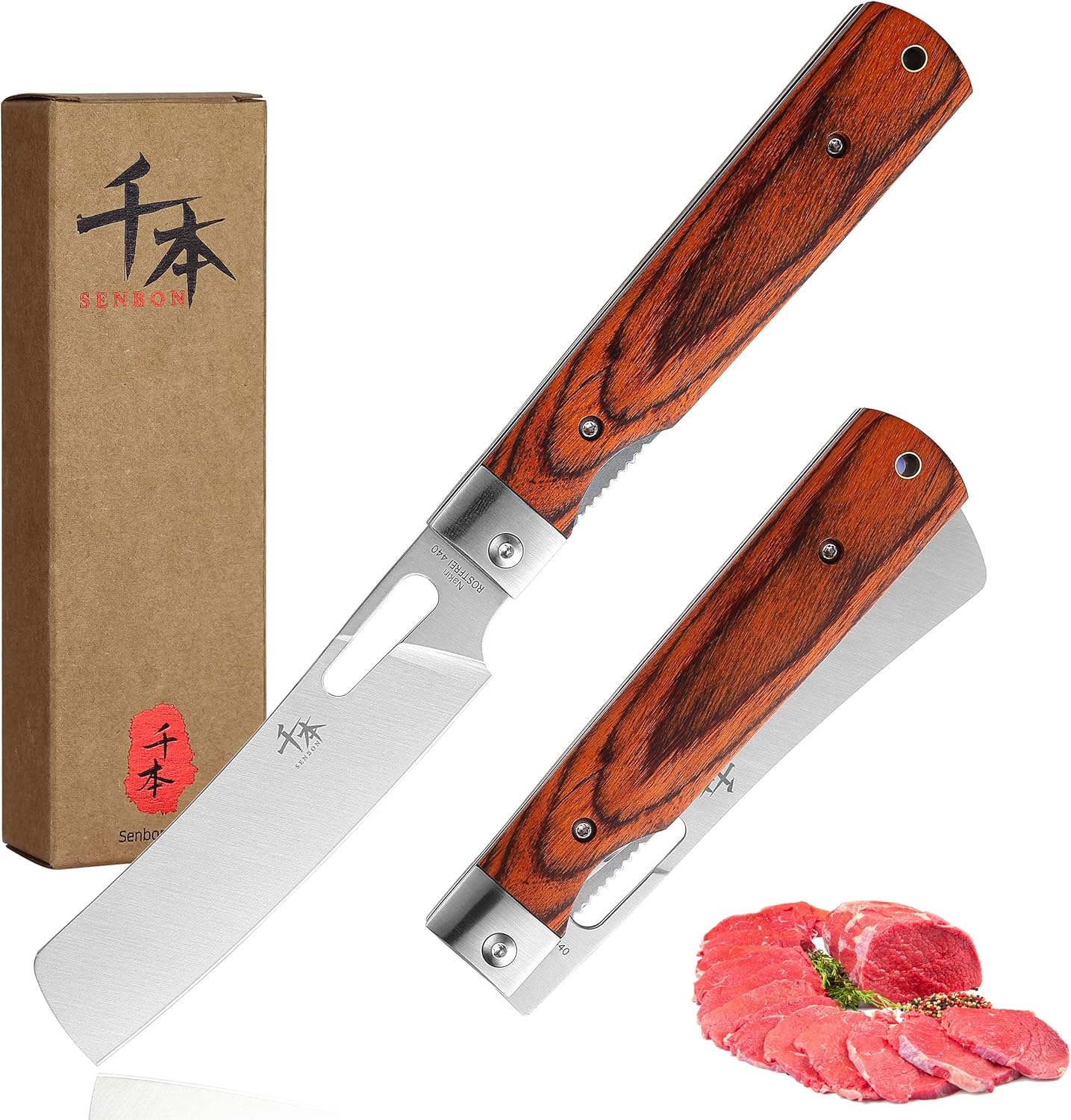 SENBON 440A stainless steel Gift wrapped 4 piece set sharp pocket folding Japanese chef knife universal peeling knife bread knife set portable kitchen knives with natural olive handle