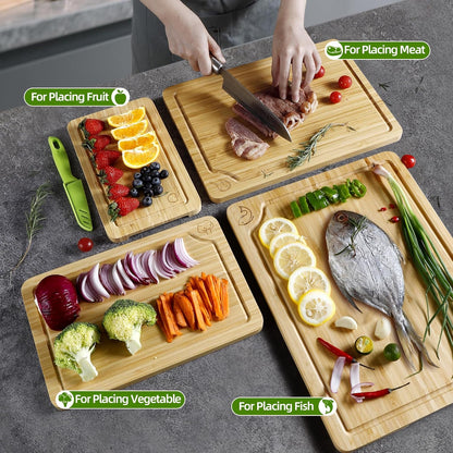 WILLKOMMEN 4-Piece Bamboo Cutting Boards for Kitchen, Chopping Board Set with Food Icon (Meat, Fish, Vegetables, Fruits) Butcher Block with Stands, Handles & Juice Grooves (Small, Medium, Large, XL)