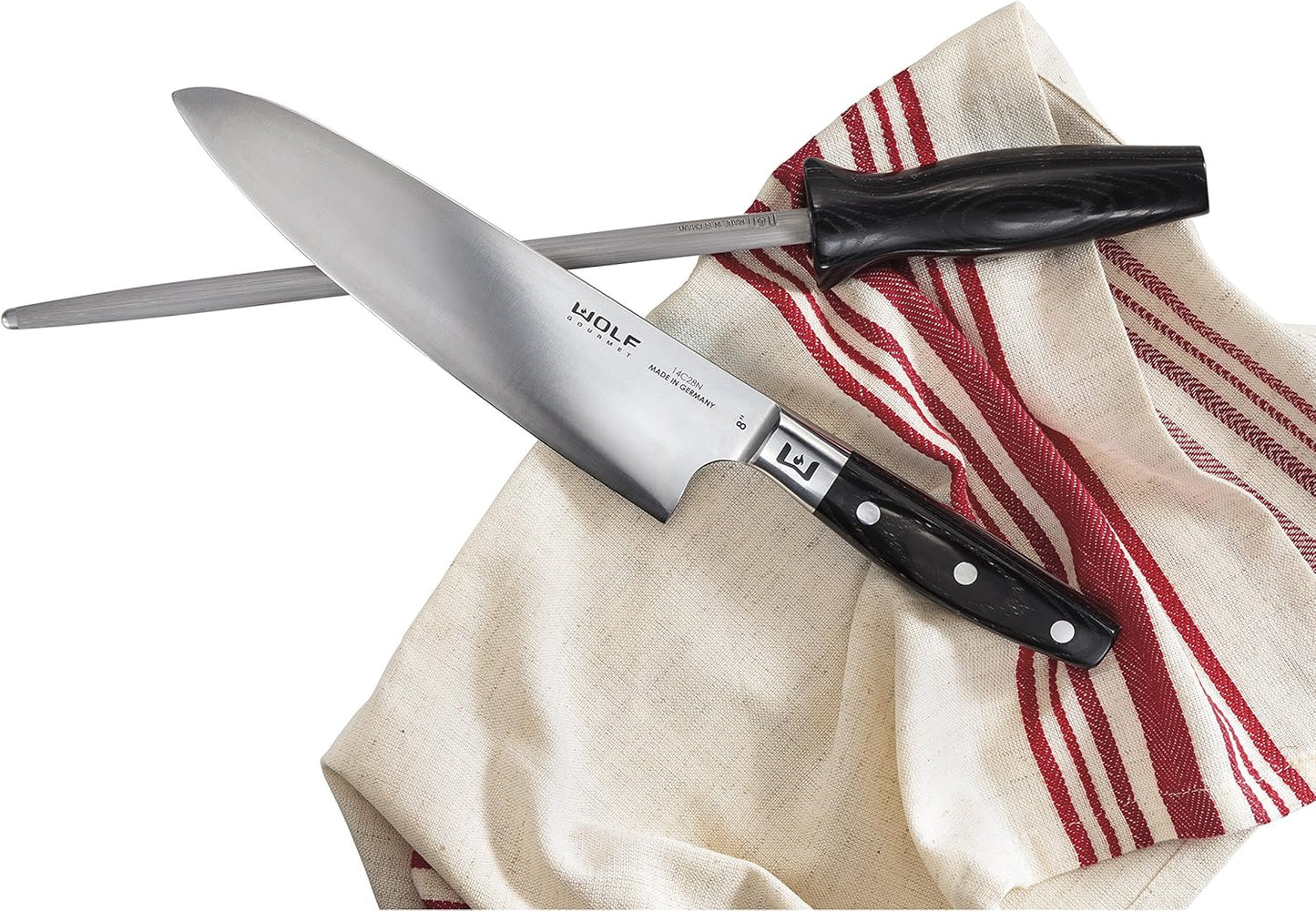WOLF GOURMET 10" Honing Steel, Ergonomic for Comfort and Control, Forged High-Carbon Stainless Steel, 12.5 Degree Angle, Durable (WGCU190S)