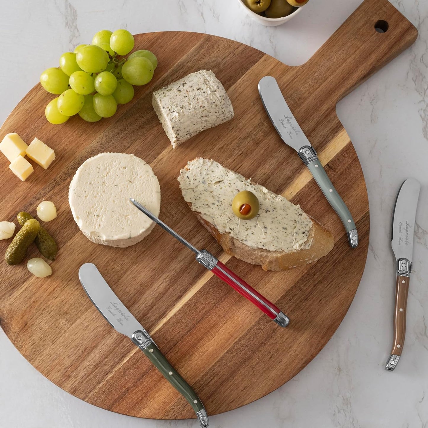 French Home Laguiole Spreader Set – 8 Piece Cheese & Butter Spreader Set with Blue and Cream Handles – Elegant & Practical Charcuterie Tools (6.25")