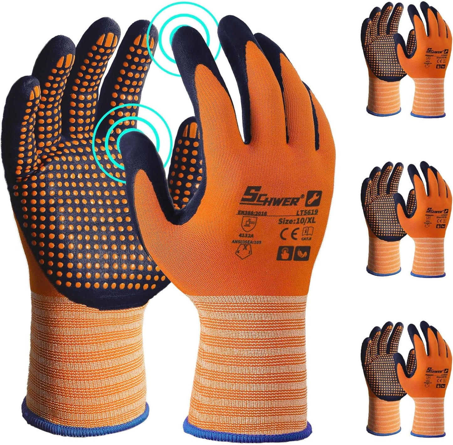 Schwer 3/6/12 Pairs Safety Work Gloves MicroFoam Nitrile Coated, Certified Level 6 Abrasion Resistant Gardening Gloves with MicroDot Grip, Touchscreen, General A1 Cut Resistant Glove, LT5619, S