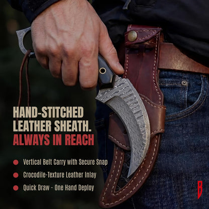 BIGCAT ROAR Predator Hunter - Patented Handmade Damascus Steel Fixed Blade Hunting Knife 10" - Walnut Wood Handle & Leather Sheath - Bushcraft Outdoor Skinning & Survival Knife - Collector Men Gifts