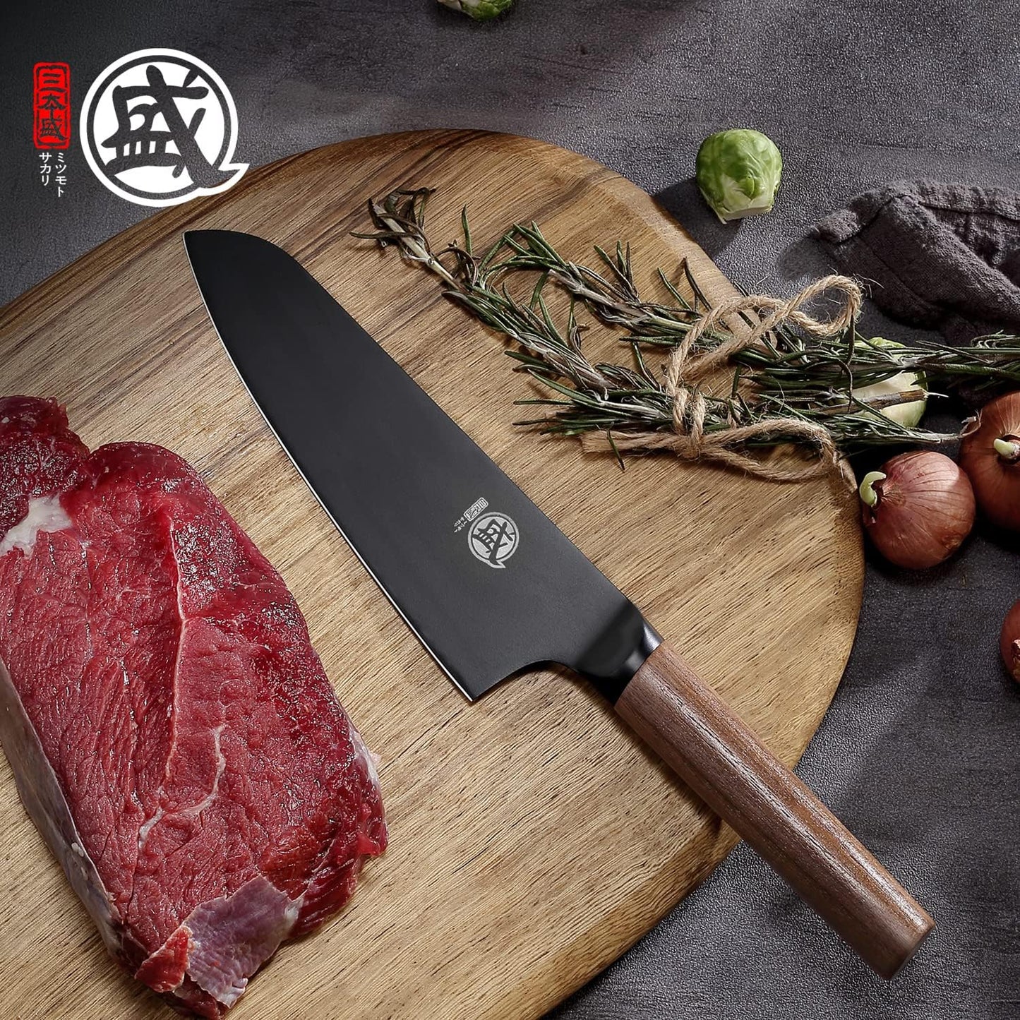 MITSUMOTO SAKARI 7 inch Japanese Chef Knife, Professional Black Titanium Coated Santoku Chef's Knife, German Premium Alloy Steel Meat Sushi Kitchen Knives (Walnut Handle)