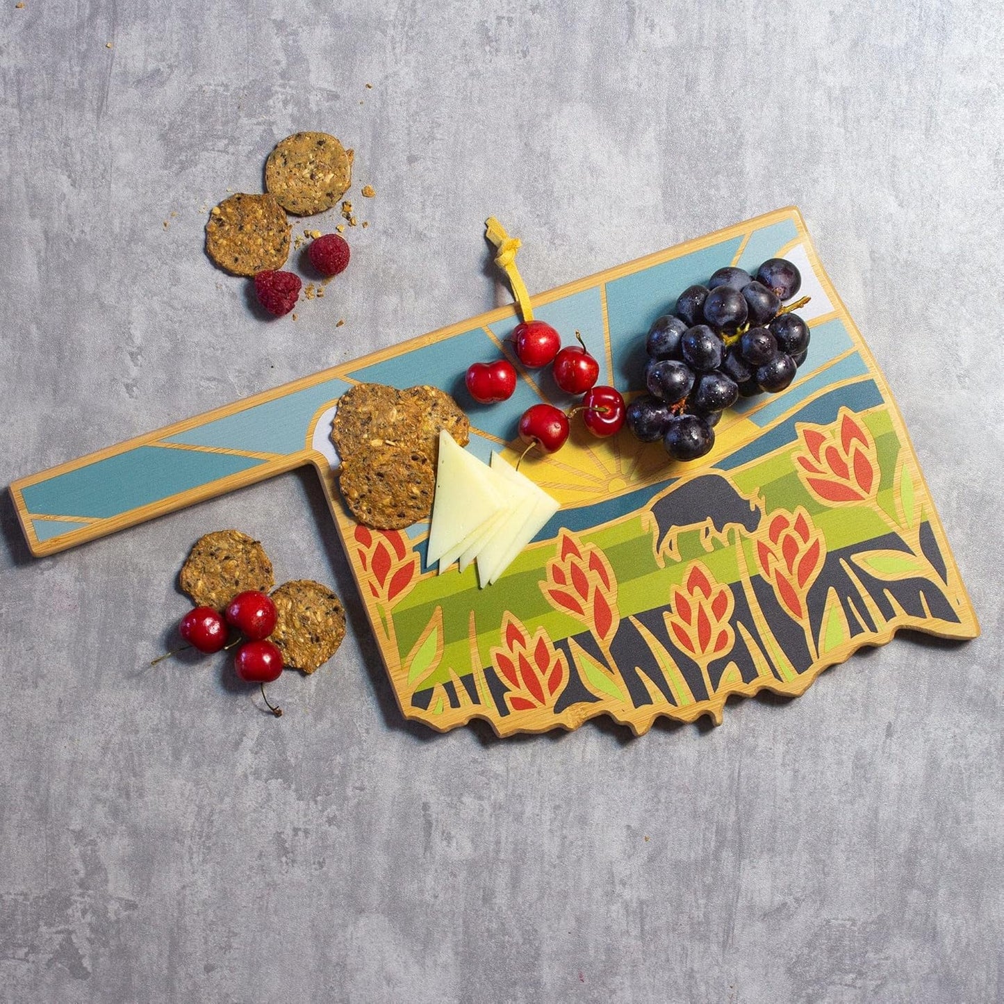 Totally Bamboo North Carolina State Shaped Cutting Board and Charcuterie Serving Platter with Artwork by Summer Stokes, Includes Hang Tie for Wall Display 18" x 8" x 5/8" - Colors A