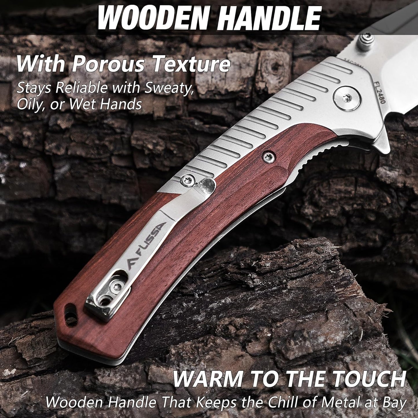 FLISSA Pocket Knife with 3.35" 14C28N Steel Blade, Liner Lock Folding Knife with Wooden Handle for EDC, Camping, Hiking, Outdoor Activities, Gift for Men and Women