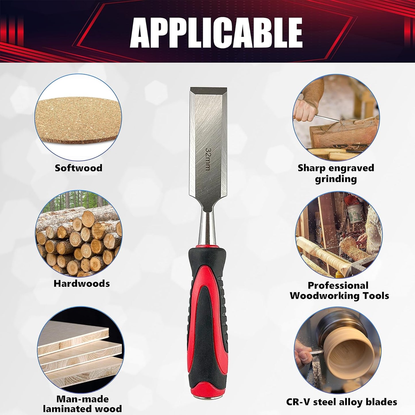 10-Piece Wood Chisel Set, Wood Carving Chisels with Honing Guide, Carpenter Pencils and Sharpening Stone, CR-V Steel (1/4", 1/2", 3/4", 1", 1-1/4", 1-1/2")