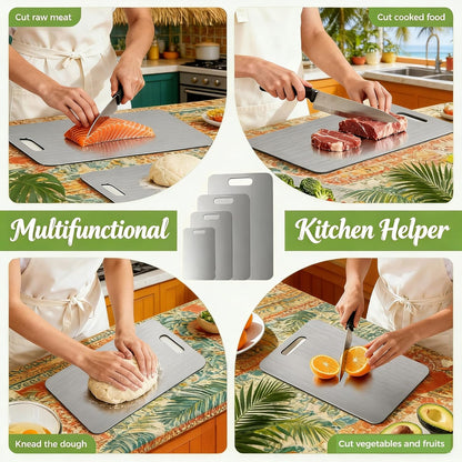 4PCS Titanium Cutting Board Set, 100% Pure Titanium Cutting Boards for Kitchen, Double-Sided Metal Chopping Board for Meat Fruit Vegetables, Dishwasher Safe & Non Toxic, Multi-Size for Home Camping