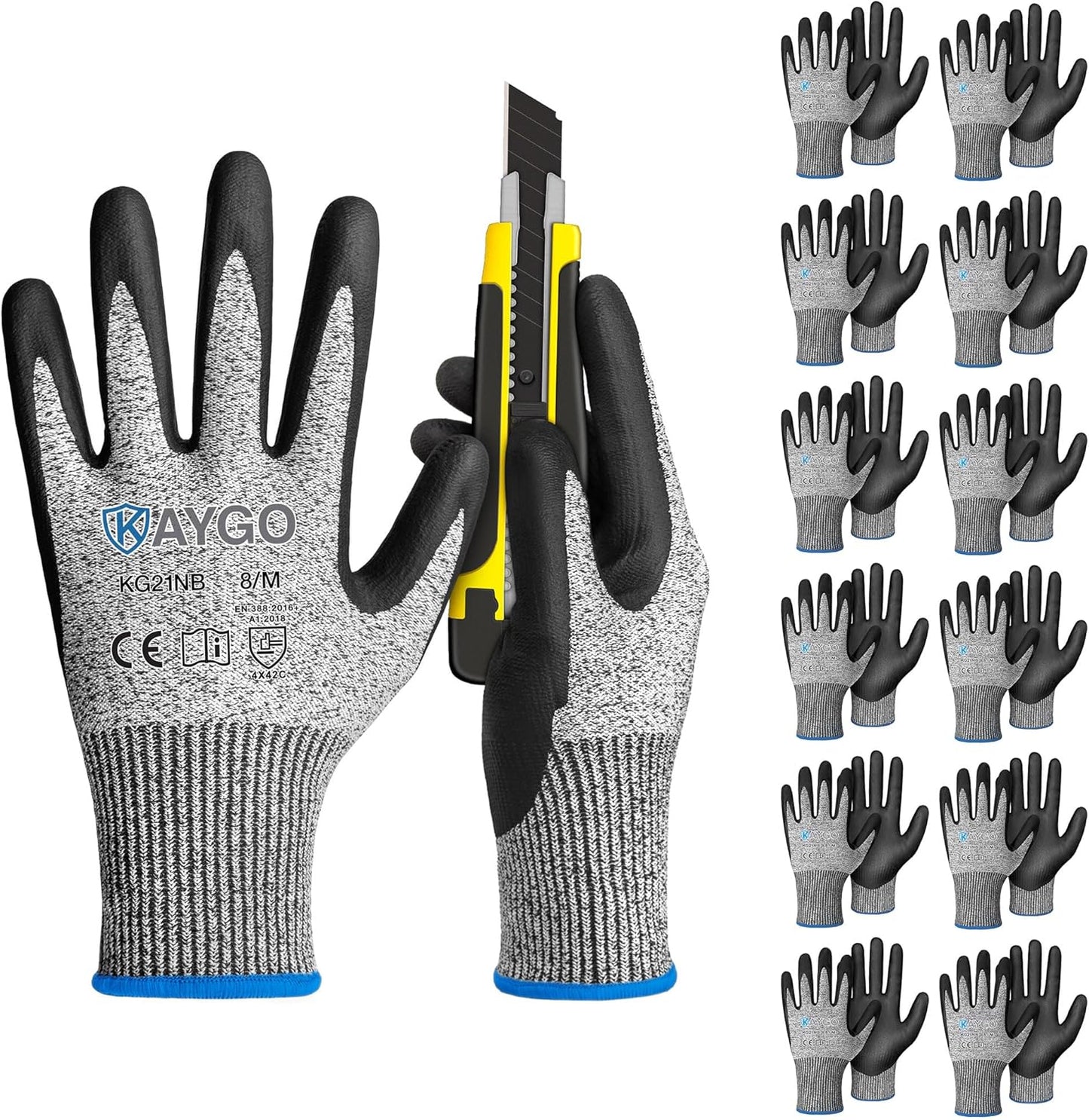 KAYGO 12 Pairs Cut Resistant Work Gloves for Men and Women,ANSI A3 Cutting Gloves,Nitrile Micro-Foam Safety Work Gloves KG21NB,Ideal for Wood Carving,Glass Handling, Construction,Fishing,Grey,S