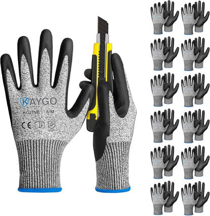 KAYGO 12 Pairs Cut Resistant Work Gloves for Men and Women,ANSI A3 Cutting Gloves,Nitrile Micro-Foam Safety Work Gloves KG21NB,Ideal for Wood Carving,Glass Handling, Construction,Fishing,Grey,S