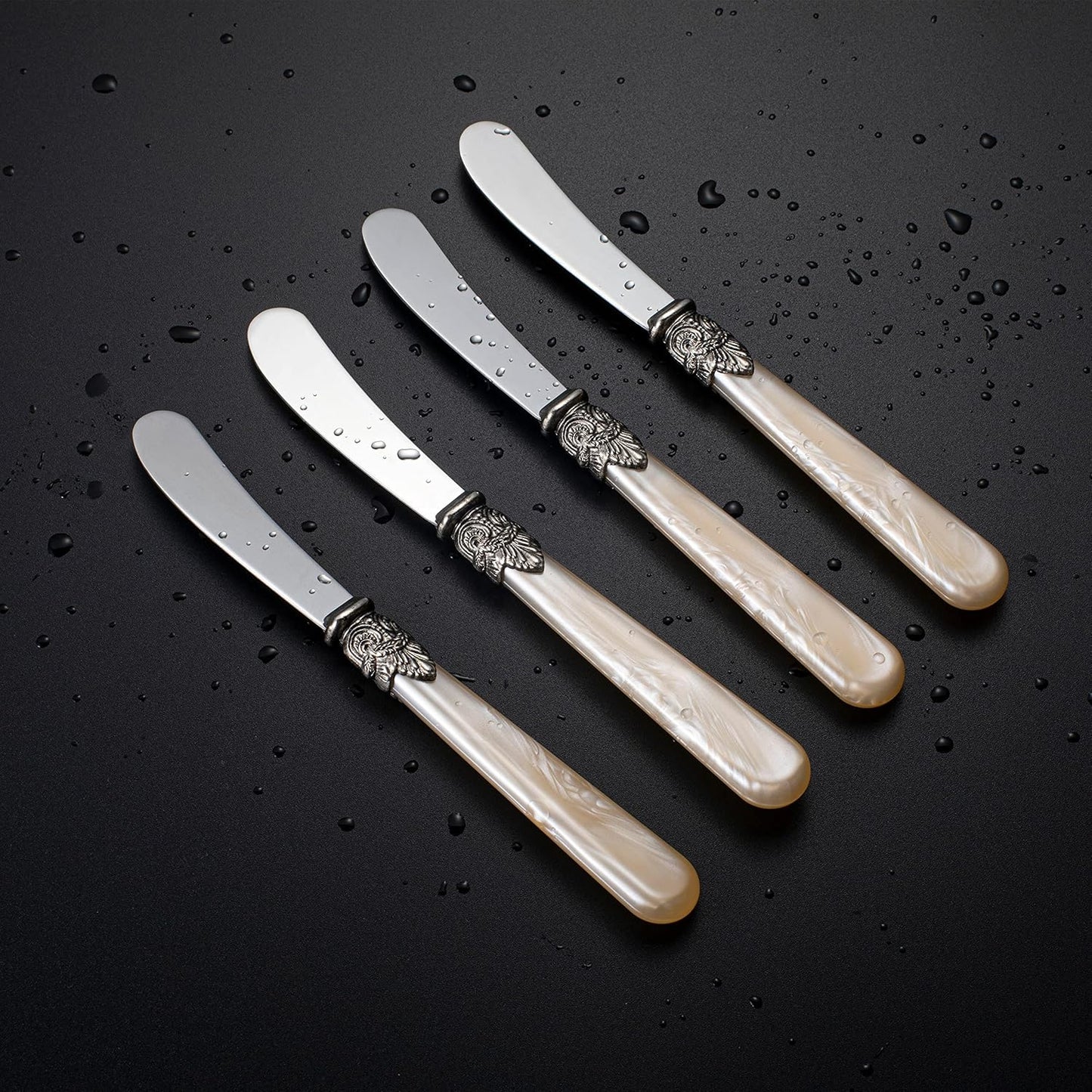 REVERIE Collection 4-piece Stainless Steel Butter Spreader Cheese Knife, Giftable Butter Knives set, Bread Knife set (White Handle)
