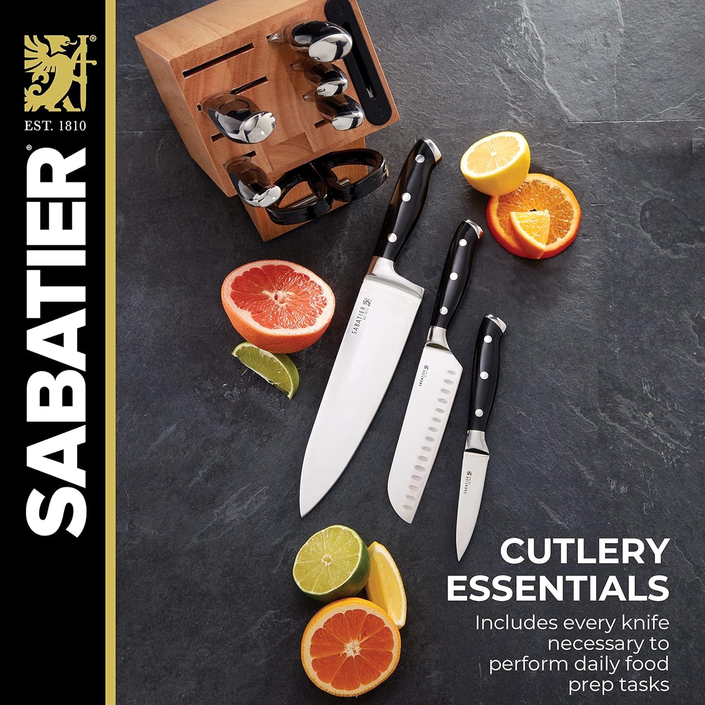 Sabatier 15-Piece Forged Triple Rivet Knife Block Set, High-Carbon Stainless Steel Kitchen Knives, Razor-Sharp Knife set with Acacia Wood Block, White Handles