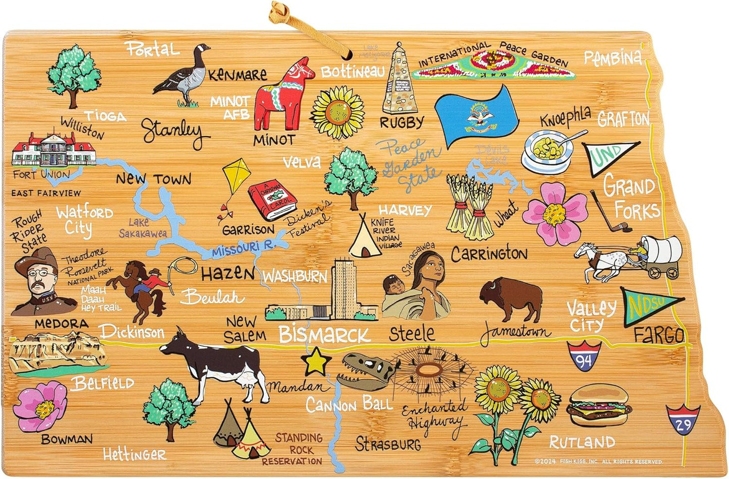 Totally Bamboo Tennessee State Shaped Cutting Board and Charcuterie Serving Platter with Artwork by Fish Kiss, Includes Hang Tie for Wall Display - Colors A