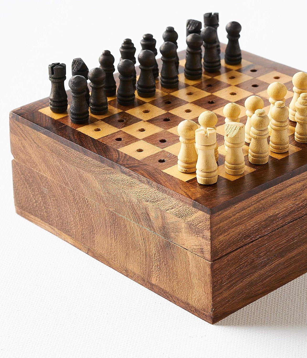 Matr Boomie, Small Mini Portable, Travel-Sized Hand Carved Solid Indian Rosewood, Wooden Peg Chess Board Game Set W/ Openable Storage for Pieces, for Adults