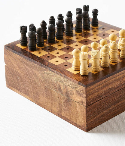Matr Boomie, Small Mini Portable, Travel-Sized Hand Carved Solid Indian Rosewood, Wooden Peg Chess Board Game Set W/ Openable Storage for Pieces, for Adults
