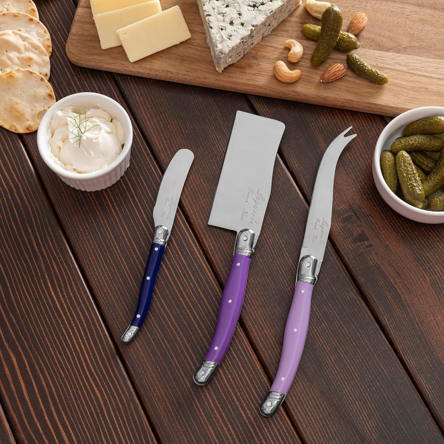 Laguiole Cheese Knife Set of 3 – Charcuterie Accessories w/Faux Ivory Handles – Includes 6.25" Cheese Spreader, 9.25" Spear & 8.5" Cleaver Knife