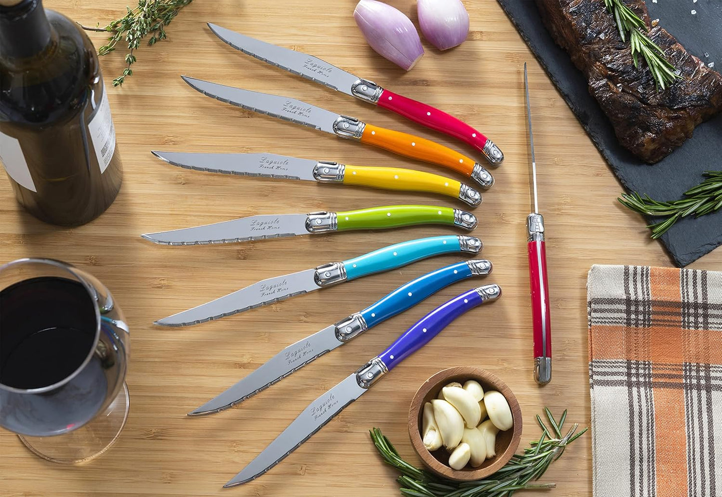 French Home Laguiole 4-Piece Steak Knife Set – Sophisticated Stainless Steel Dinner Knives with Navy Blue Handles & Iconic Bee Emblem – Serrated Knives for Smooth Cutting (9.25")