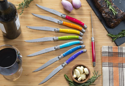 French Home Laguiole 4-Piece Steak Knife Set – Sophisticated Stainless Steel Dinner Knives with Navy Blue Handles & Iconic Bee Emblem – Serrated Knives for Smooth Cutting (9.25")