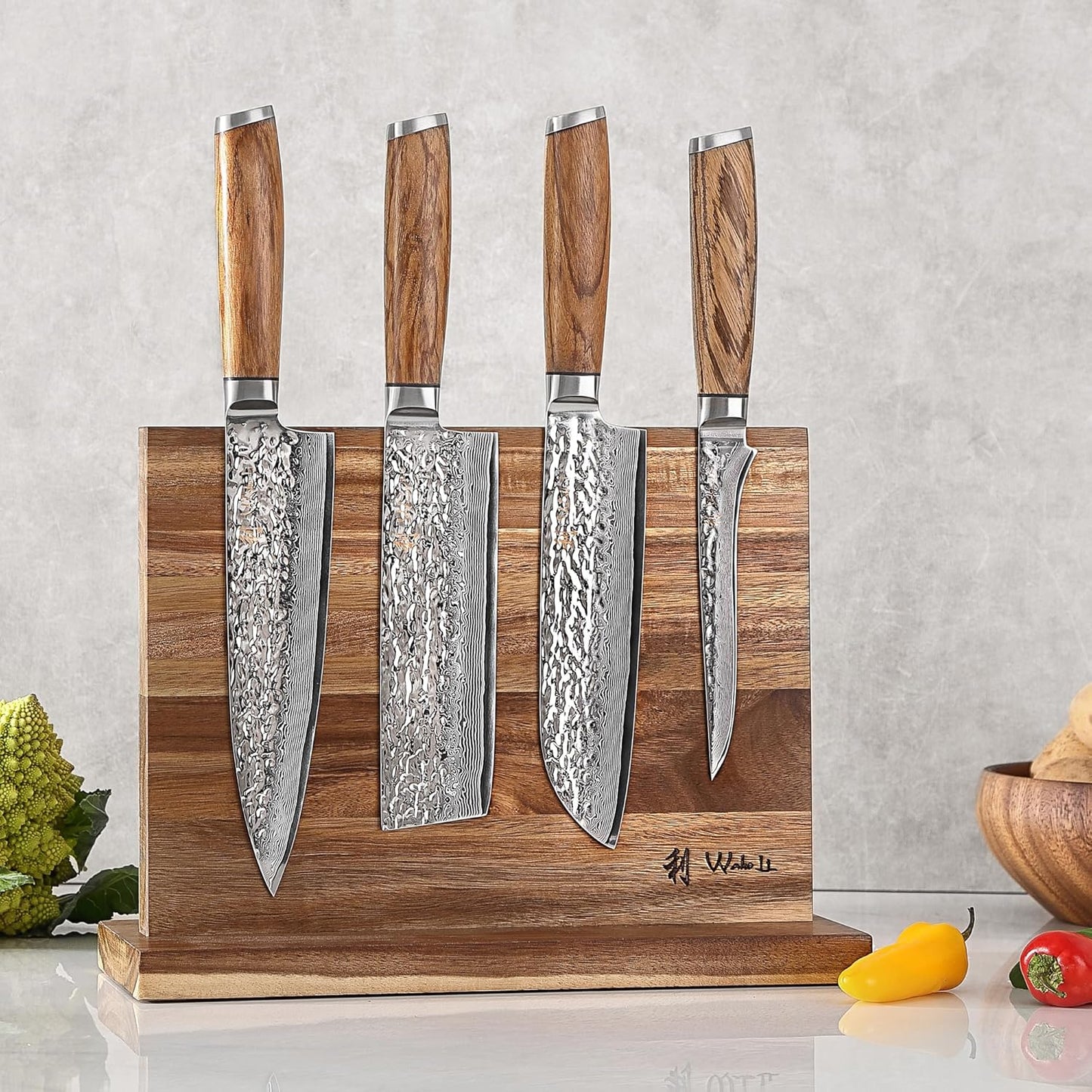 Wakoli Damascus Chef Knife Set with Magnetic Block – 5-Piece Professional Kitchen Knife Block Set, Genuine 67-Layer Damascus Steel Blades with VG10 Core & Ergonomic Sycamore Wood Handles