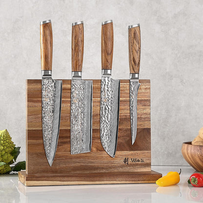 Wakoli Damascus Chef Knife Set with Magnetic Block – 5-Piece Professional Kitchen Knife Block Set, Genuine 67-Layer Damascus Steel Blades with VG10 Core & Ergonomic Sycamore Wood Handles