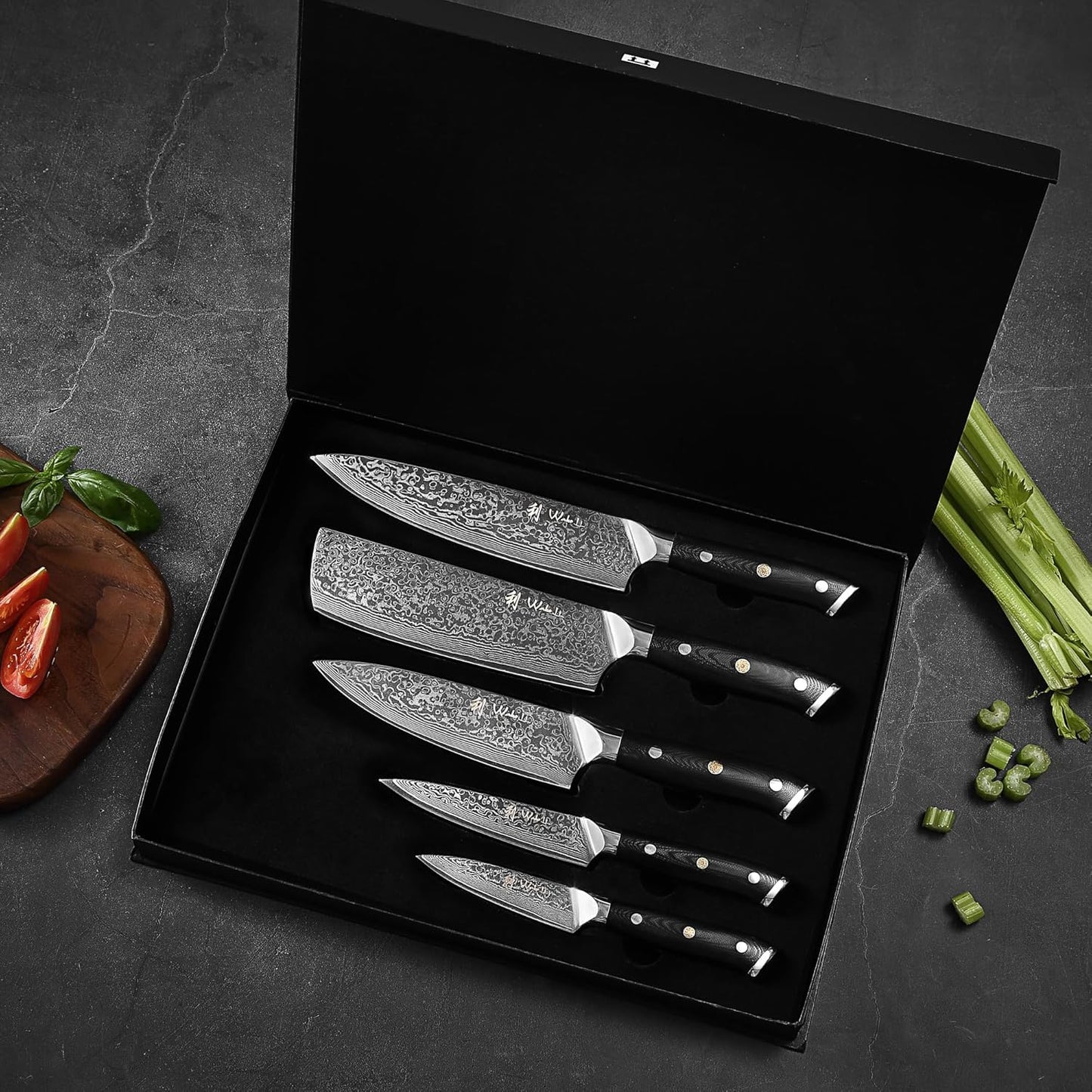 Wakoli Damascus Chef Knife Set with Magnetic Block – 5-Piece Professional Kitchen Knife Block Set, Genuine 67-Layer Damascus Steel Blades with VG10 Core & Ergonomic Sycamore Wood Handles