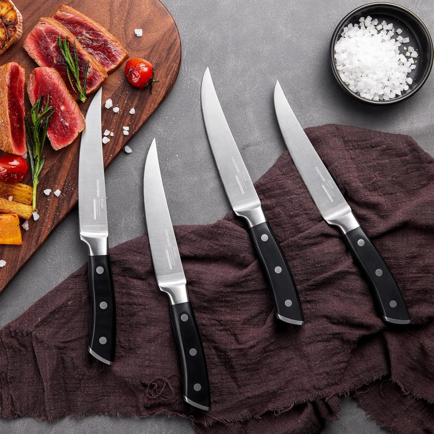 Steak Knives Set of 8, 5 Inch Non Serrated Steak Knife with Walnut Block, Razor-Sharp German Stainless Steel Dinner Knives, Durable Full Tang Forged Straight Edge Meat Knife for Home Dining&Gift