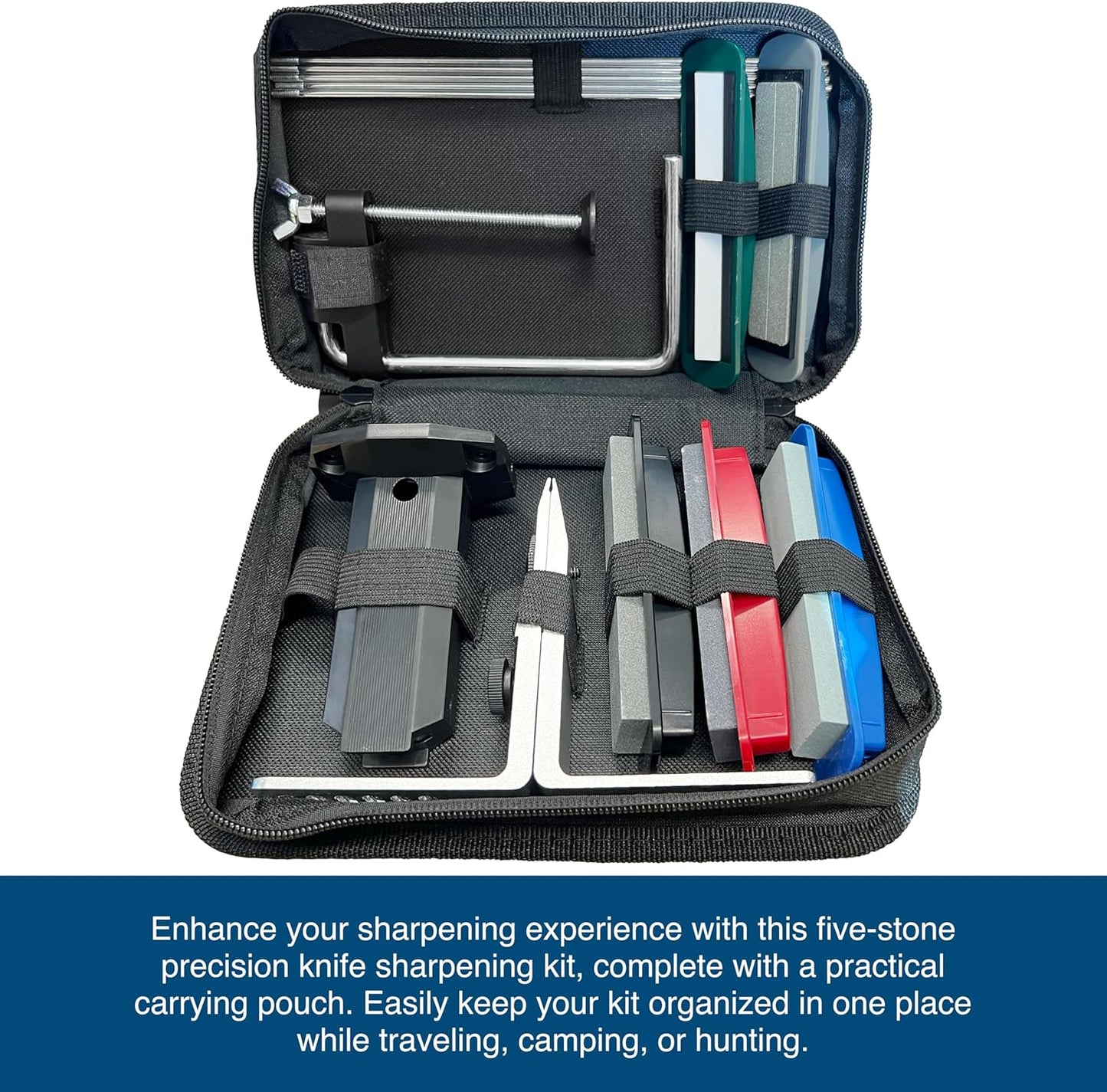 AccuSharp Precision Knife Sharpening Stone Kit, Set for Honing Straight Bladed Knives, Portable Stone Sharpener with Clamp, Pouch, and Guide for Various Angles, Set of 5 Stones with Varying Coarseness