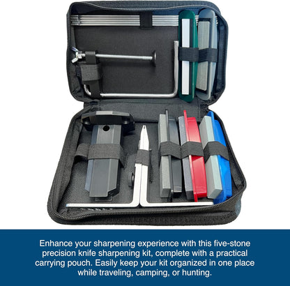 AccuSharp Precision Knife Sharpening Stone Kit, Set for Honing Straight Bladed Knives, Portable Stone Sharpener with Clamp, Pouch, and Guide for Various Angles, Set of 5 Stones with Varying Coarseness
