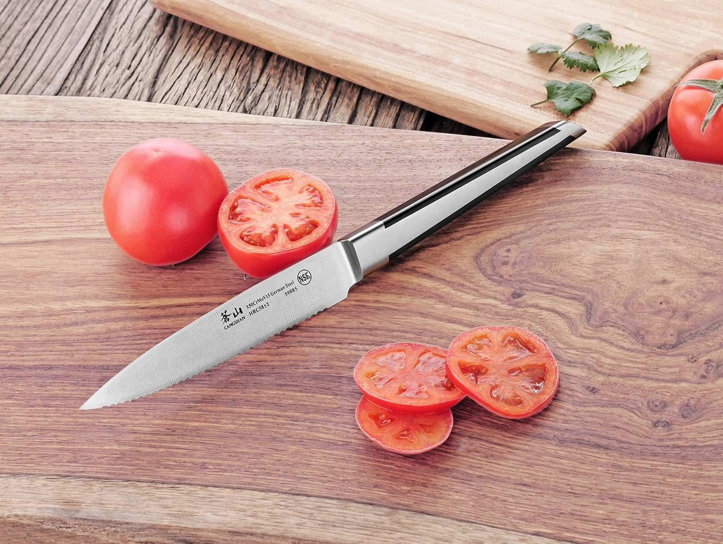 Cangshan X Series German Steel Forged Serrated Utility Knife, 5", Silver