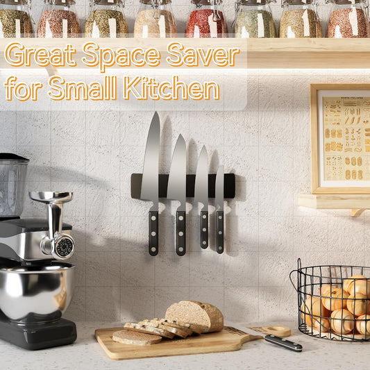 Magnetic Knife Holder for Wall, Acacia Wood Knife Magnetic Strip No Drill Knife Magnet Storage Bar Magnetic Tool Key Holder Strip for Kitchen Utensil Organizer (Dark Brown, 16 Inch)
