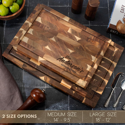 Personalized End Grain Acacia Wood Cutting Board - Custom Engraved Butcher Block with Name & Date - Deep Juice Groove, 2 Size Options - Housewarming, Wedding, Chef Gift