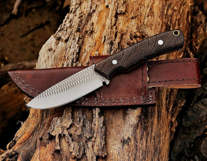 Damascus Steel Bushcraft Knife with Leather Sheath – 6" Fixed Blade Hunting Knife with Sheath for Men – Tactical Survival & Camping Knife for Outdoor Adventure