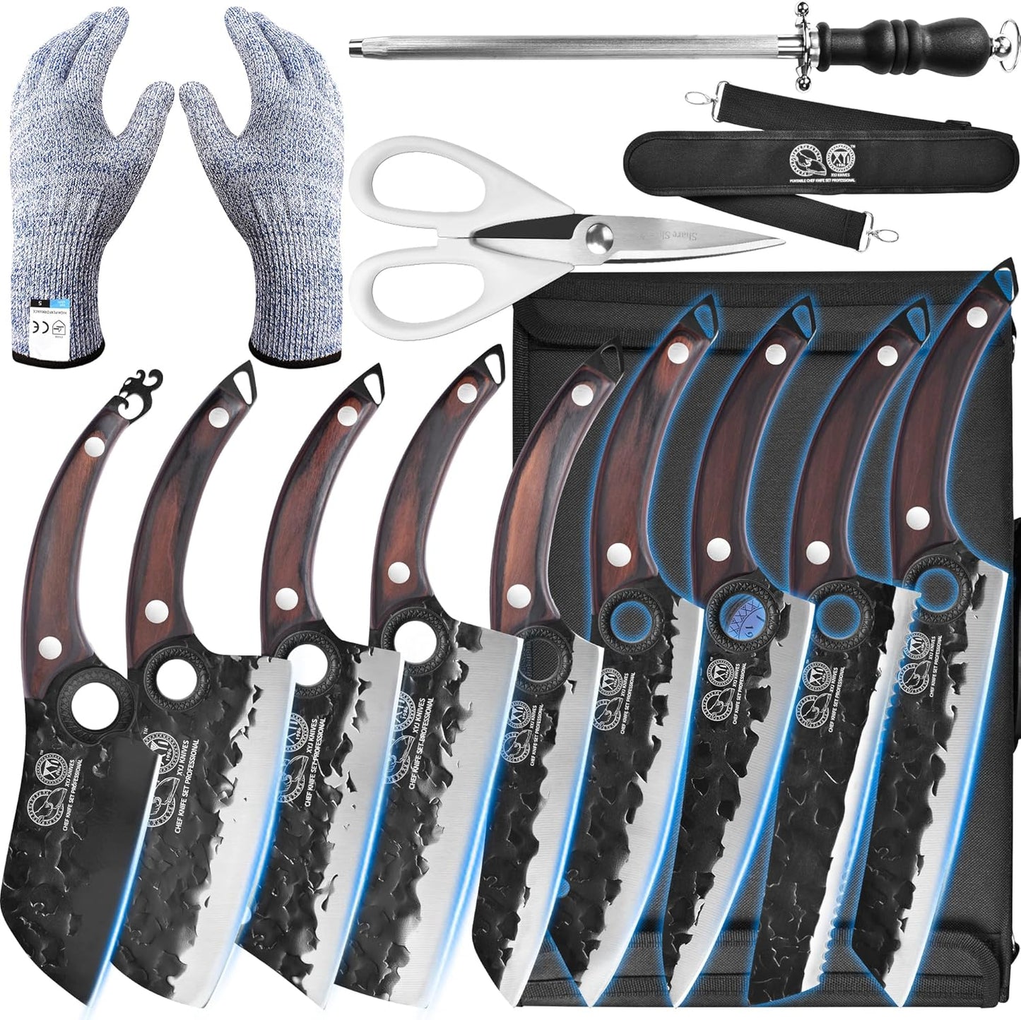 XYJ Knife Block Set, Professional Kitchen Knife Set with Magnetic Knife Block, Cutting Board, Honing Steel, High-Carbon Steel forged Blades, Chef's Knife, Cleaver, Carving Knife, Full Tang Design