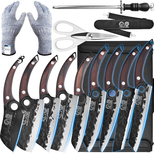 XYJ Knife Block Set, Professional Kitchen Knife Set with Magnetic Knife Block, Cutting Board, Honing Steel, High-Carbon Steel forged Blades, Chef's Knife, Cleaver, Carving Knife, Full Tang Design