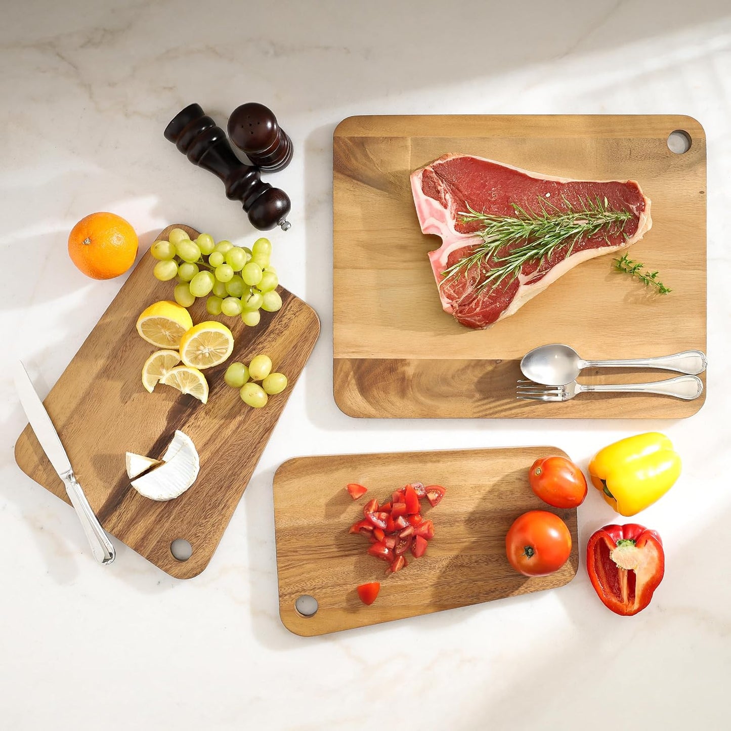 Sango Acacia Cutting Board Set with Juice Grooves and Partitions for Serving, 3-Piece- Wood Chopping Boards, Stackable & Reversible for Kitchen, Non-Toxic, Perfect as Butcher Block Countertop, Atelier